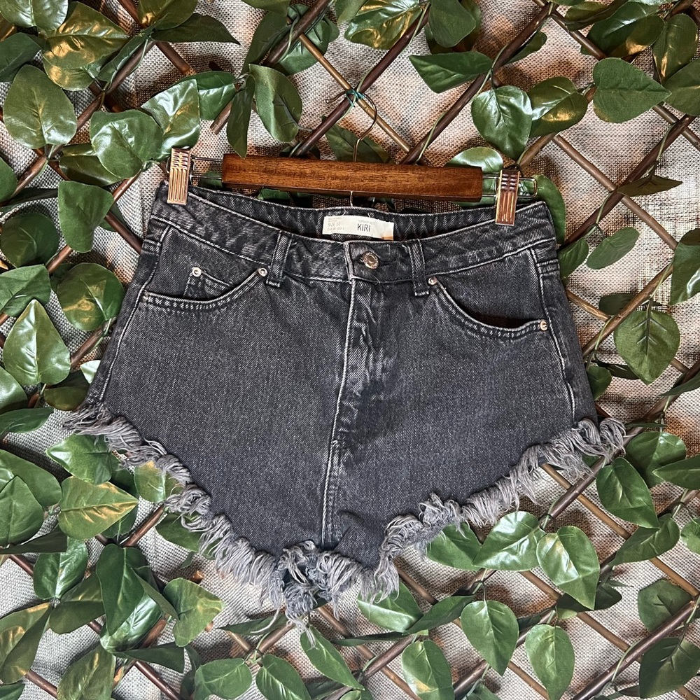 TOPSHOP Kiri Black High Waisted Distressed Jean Shorts